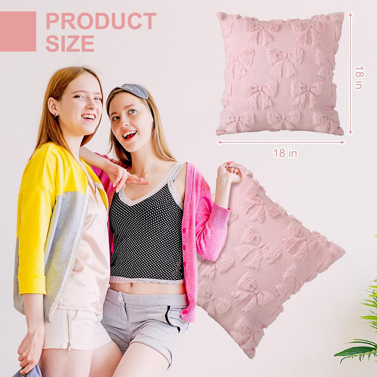 Bow Pillow Covers Set of 2 Preppy Room Decor, 18"x18", Pink