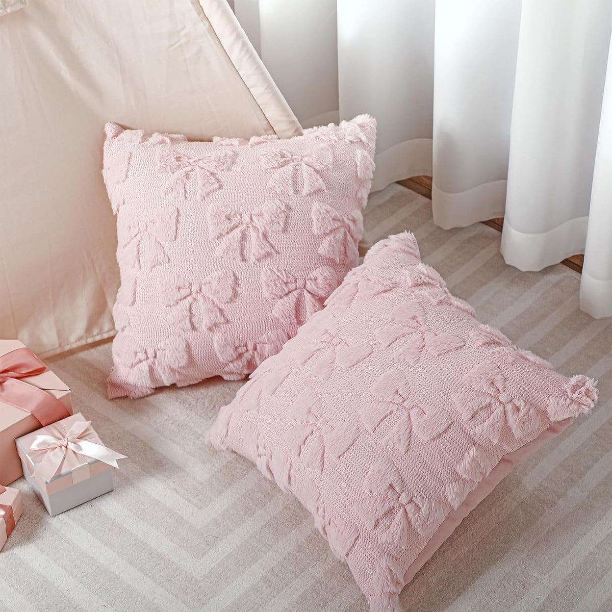 Bow Pillow Covers Set of 2 Preppy Room Decor, 18"x18", Pink