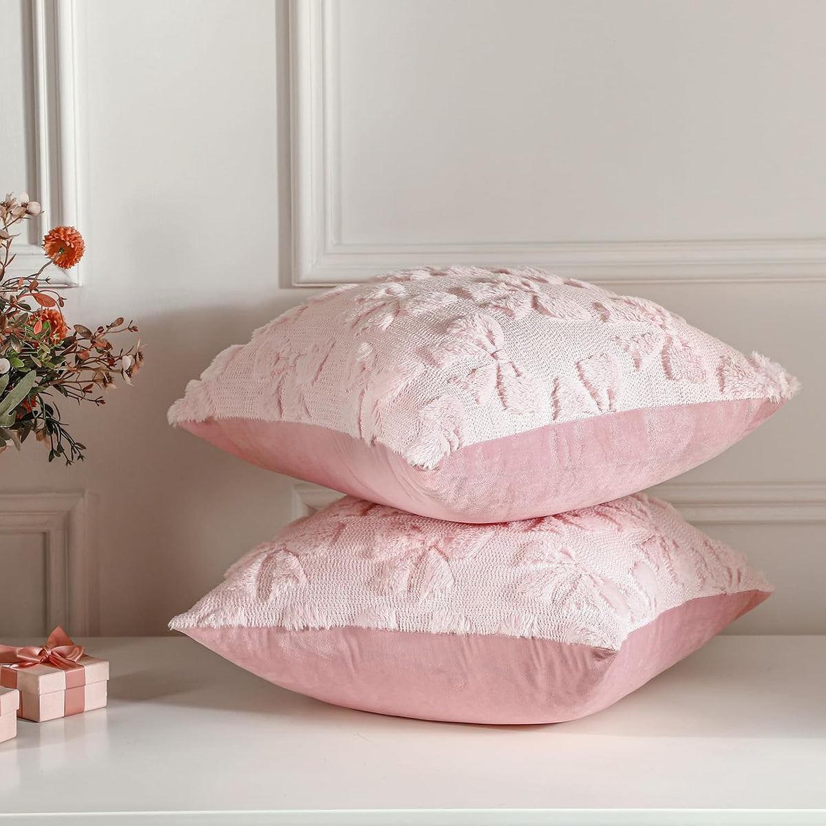 Bow Pillow Covers Set of 2 Preppy Room Decor, 18"x18", Pink