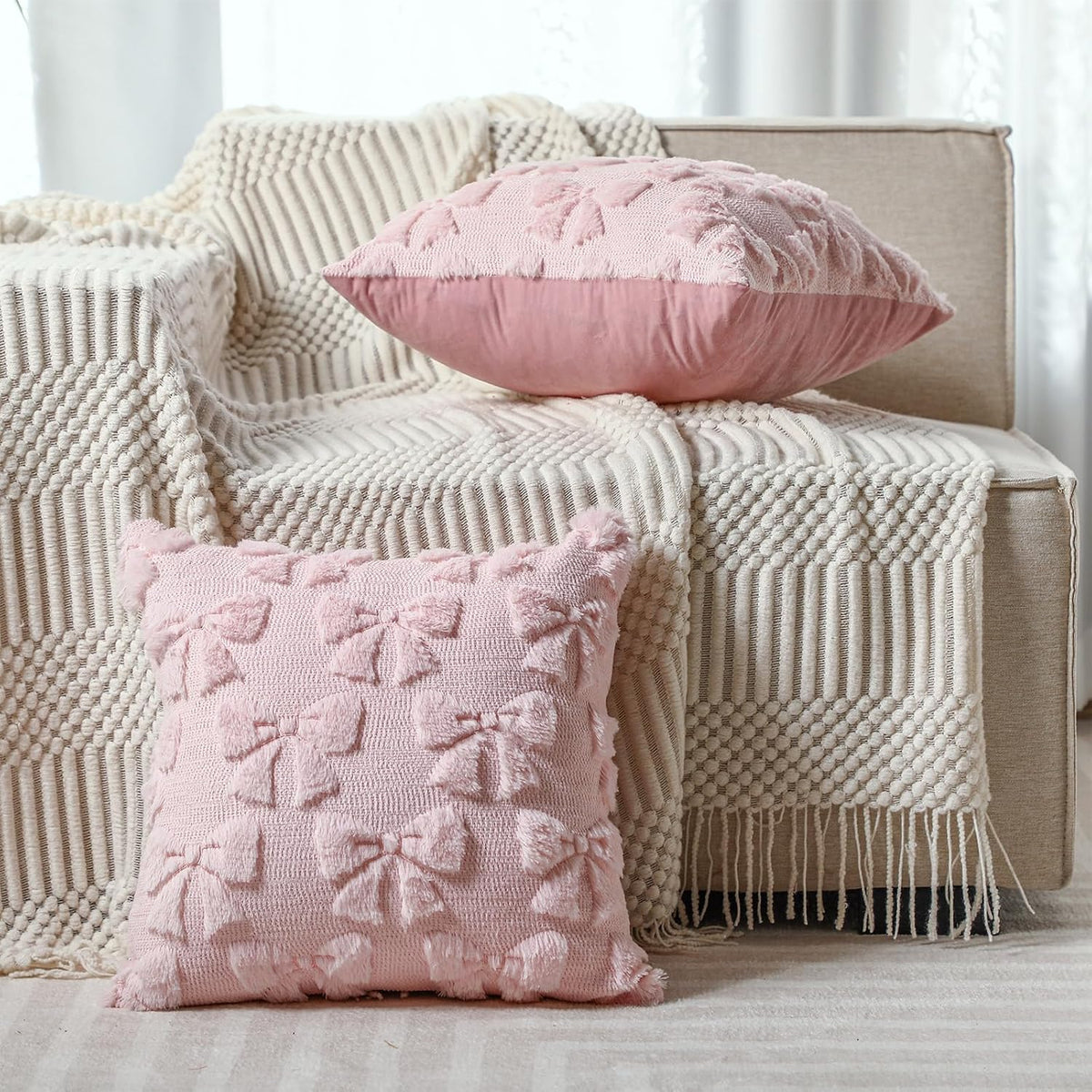 Bow Pillow Covers Set of 2 Preppy Room Decor, 18"x18", Pink