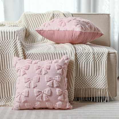 Bow Pillow Covers Set of 2 Preppy Room Decor, 18"x18", Pink