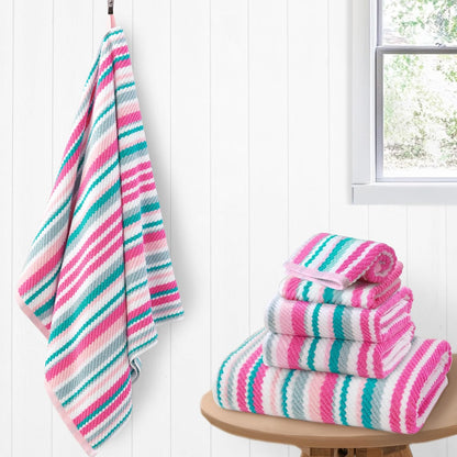 Striped Towels 6 Pack, 100% Cotton, Pink Aqua