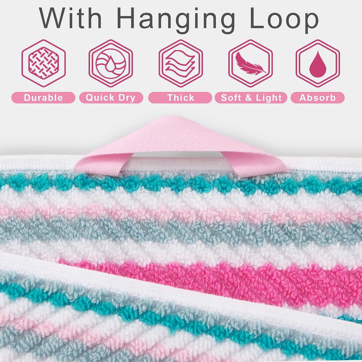Striped Towels 6 Pack, 100% Cotton, Pink Aqua