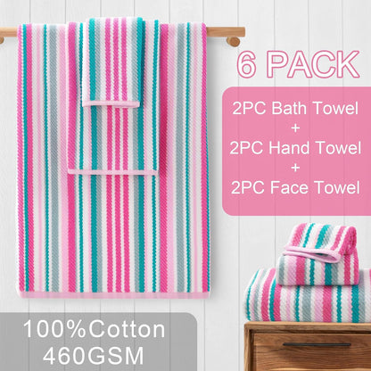 Striped Towels 6 Pack, 100% Cotton, Pink Aqua