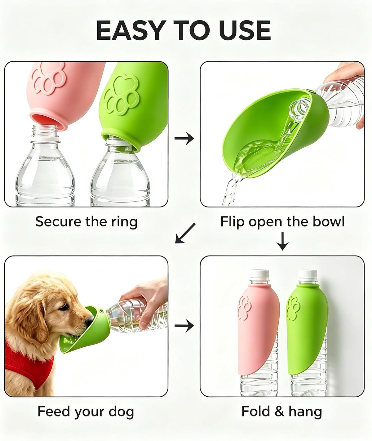 2 Pack Silicone Dog Water Bottle Attachment, Portable Slip-On Pet Water Bowl, Fits Standard Water Bottles for Walking Hiking Travel, Pink & Green