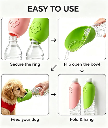 2 Pack Silicone Dog Water Bottle Attachment, Portable Slip-On Pet Water Bowl, Fits Standard Water Bottles for Walking Hiking Travel, Pink & Green