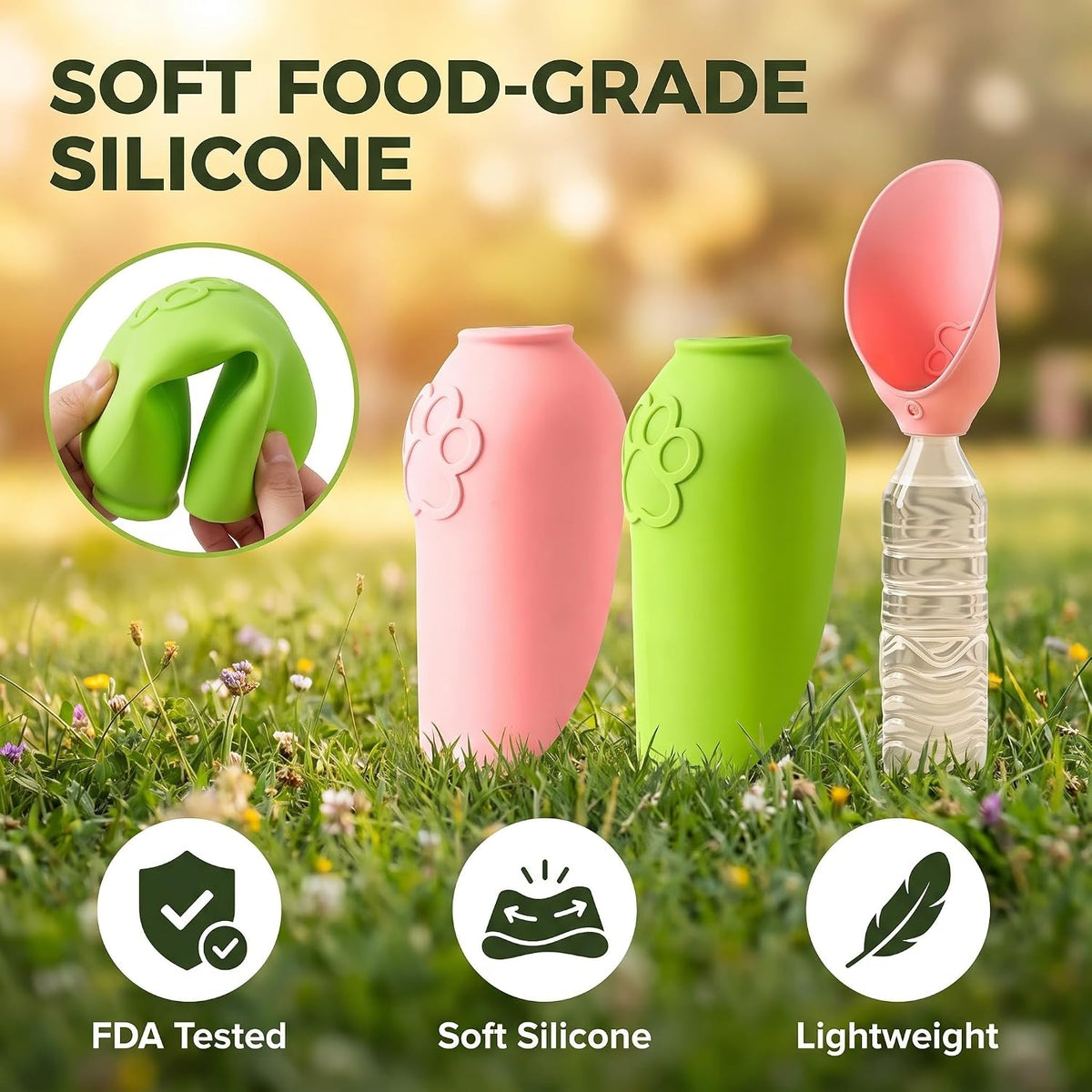 2 Pack Silicone Dog Water Bottle Attachment, Portable Slip-On Pet Water Bowl, Fits Standard Water Bottles for Walking Hiking Travel, Pink & Green