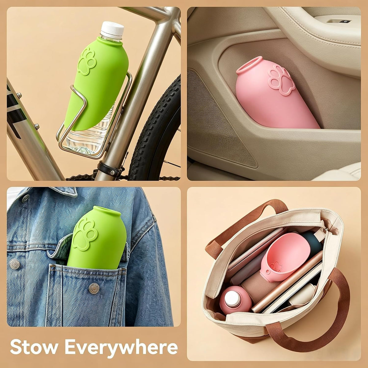 2 Pack Silicone Dog Water Bottle Attachment, Portable Slip-On Pet Water Bowl, Fits Standard Water Bottles for Walking Hiking Travel, Pink & Green