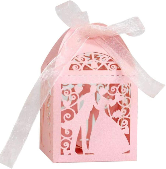 Katutude 50 Pcs Wedding Party Favor Candy Boxes Small Gift Box with Ribbons Empty Chocolate Candy Gift Box for Wedding Bridal Shower Anniverary Birthday Party