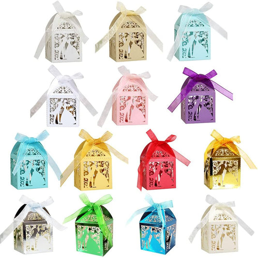Katutude 50 Pcs Wedding Party Favor Candy Boxes Small Gift Box with Ribbons Empty Chocolate Candy Gift Box for Wedding Bridal Shower Anniverary Birthday Party