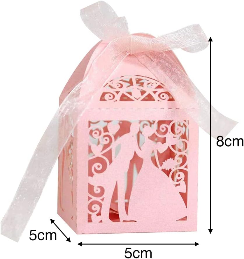 Katutude 50 Pcs Wedding Party Favor Candy Boxes Small Gift Box with Ribbons Empty Chocolate Candy Gift Box for Wedding Bridal Shower Anniverary Birthday Party