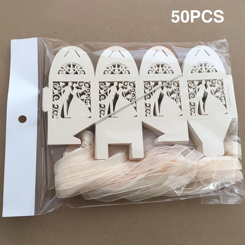 Katutude 50 Pcs Wedding Party Favor Candy Boxes Small Gift Box with Ribbons Empty Chocolate Candy Gift Box for Wedding Bridal Shower Anniverary Birthday Party