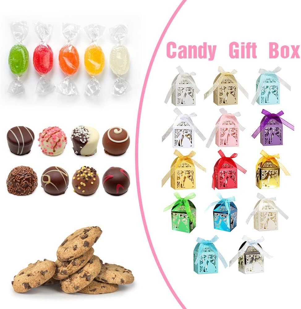 Katutude 50 Pcs Wedding Party Favor Candy Boxes Small Gift Box with Ribbons Empty Chocolate Candy Gift Box for Wedding Bridal Shower Anniverary Birthday Party