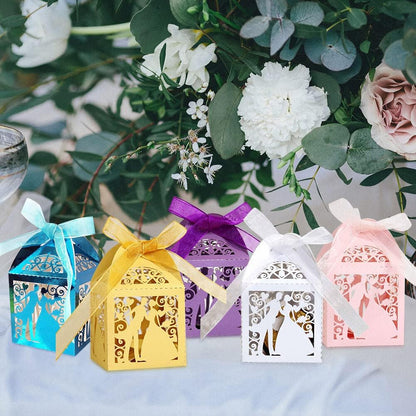 Katutude 50 Pcs Wedding Party Favor Candy Boxes Small Gift Box with Ribbons Empty Chocolate Candy Gift Box for Wedding Bridal Shower Anniverary Birthday Party