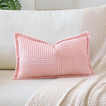 Striped Corduroy Throw Pillow Covers with Splicing Super Soft Boho Pillow Covers Broadside Decorative Textured Throw Pillows for Couch Sofa Bed Living Room 12x20 Inch, Pink