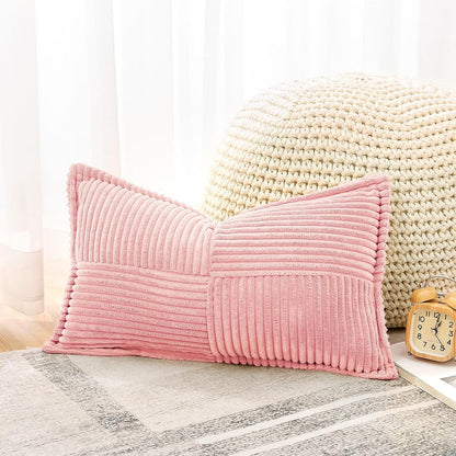 Striped Corduroy Throw Pillow Covers with Splicing Super Soft Boho Pillow Covers Broadside Decorative Textured Throw Pillows for Couch Sofa Bed Living Room 12x20 Inch, Pink