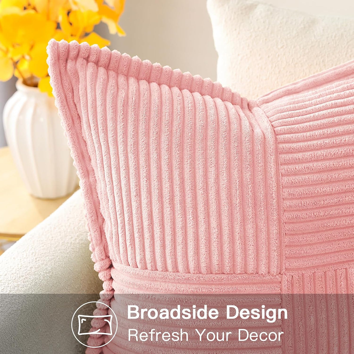 Striped Corduroy Throw Pillow Covers with Splicing Super Soft Boho Pillow Covers Broadside Decorative Textured Throw Pillows for Couch Sofa Bed Living Room 12x20 Inch, Pink