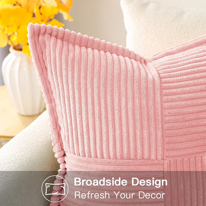 Striped Corduroy Throw Pillow Covers with Splicing Super Soft Boho Pillow Covers Broadside Decorative Textured Throw Pillows for Couch Sofa Bed Living Room 12x20 Inch, Pink