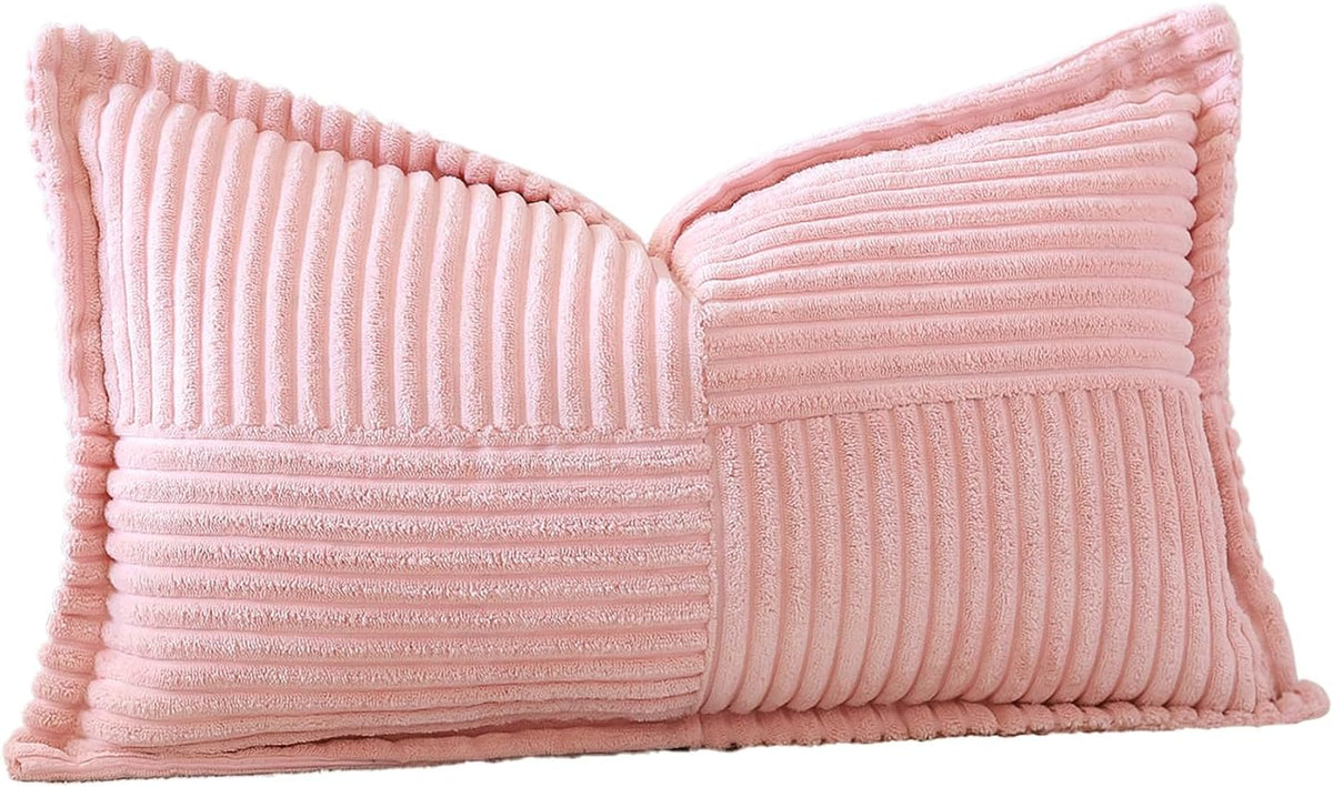 Striped Corduroy Throw Pillow Covers with Splicing Super Soft Boho Pillow Covers Broadside Decorative Textured Throw Pillows for Couch Sofa Bed Living Room 12x20 Inch, Pink