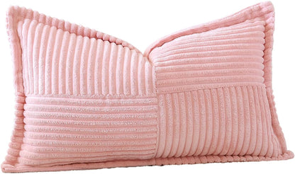 Striped Corduroy Throw Pillow Covers with Splicing Super Soft Boho Pillow Covers Broadside Decorative Textured Throw Pillows for Couch Sofa Bed Living Room 12x20 Inch, Pink