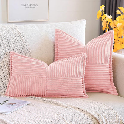 Striped Corduroy Throw Pillow Covers with Splicing Super Soft Boho Pillow Covers Broadside Decorative Textured Throw Pillows for Couch Sofa Bed Living Room 12x20 Inch, Pink