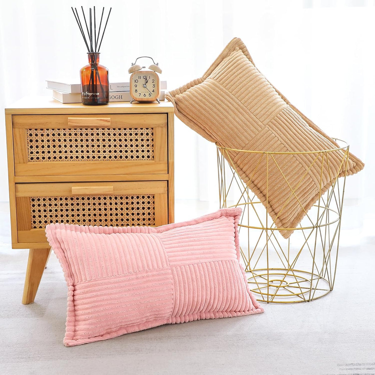 Striped Corduroy Throw Pillow Covers with Splicing Super Soft Boho Pillow Covers Broadside Decorative Textured Throw Pillows for Couch Sofa Bed Living Room 12x20 Inch, Pink