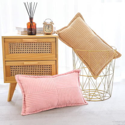 Striped Corduroy Throw Pillow Covers with Splicing Super Soft Boho Pillow Covers Broadside Decorative Textured Throw Pillows for Couch Sofa Bed Living Room 12x20 Inch, Pink