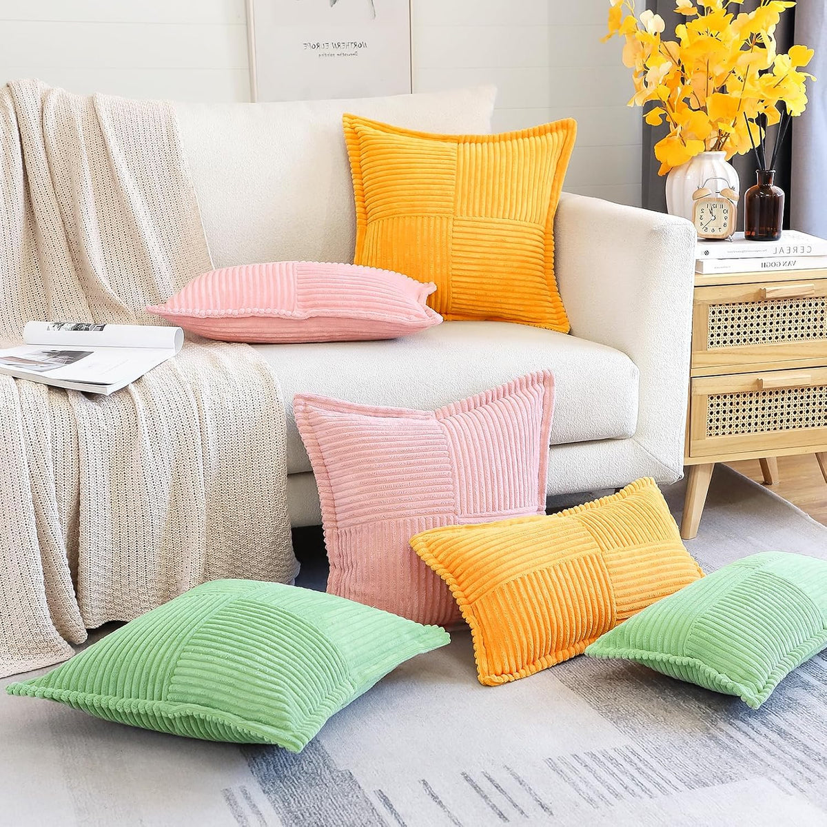 Striped Corduroy Throw Pillow Covers with Splicing Super Soft Boho Pillow Covers Broadside Decorative Textured Throw Pillows for Couch Sofa Bed Living Room 12x20 Inch, Pink