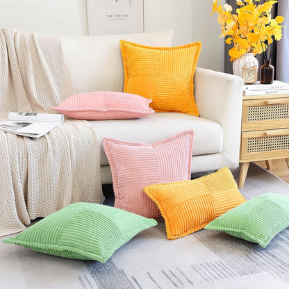Striped Corduroy Throw Pillow Covers with Splicing Super Soft Boho Pillow Covers Broadside Decorative Textured Throw Pillows for Couch Sofa Bed Living Room 12x20 Inch, Pink