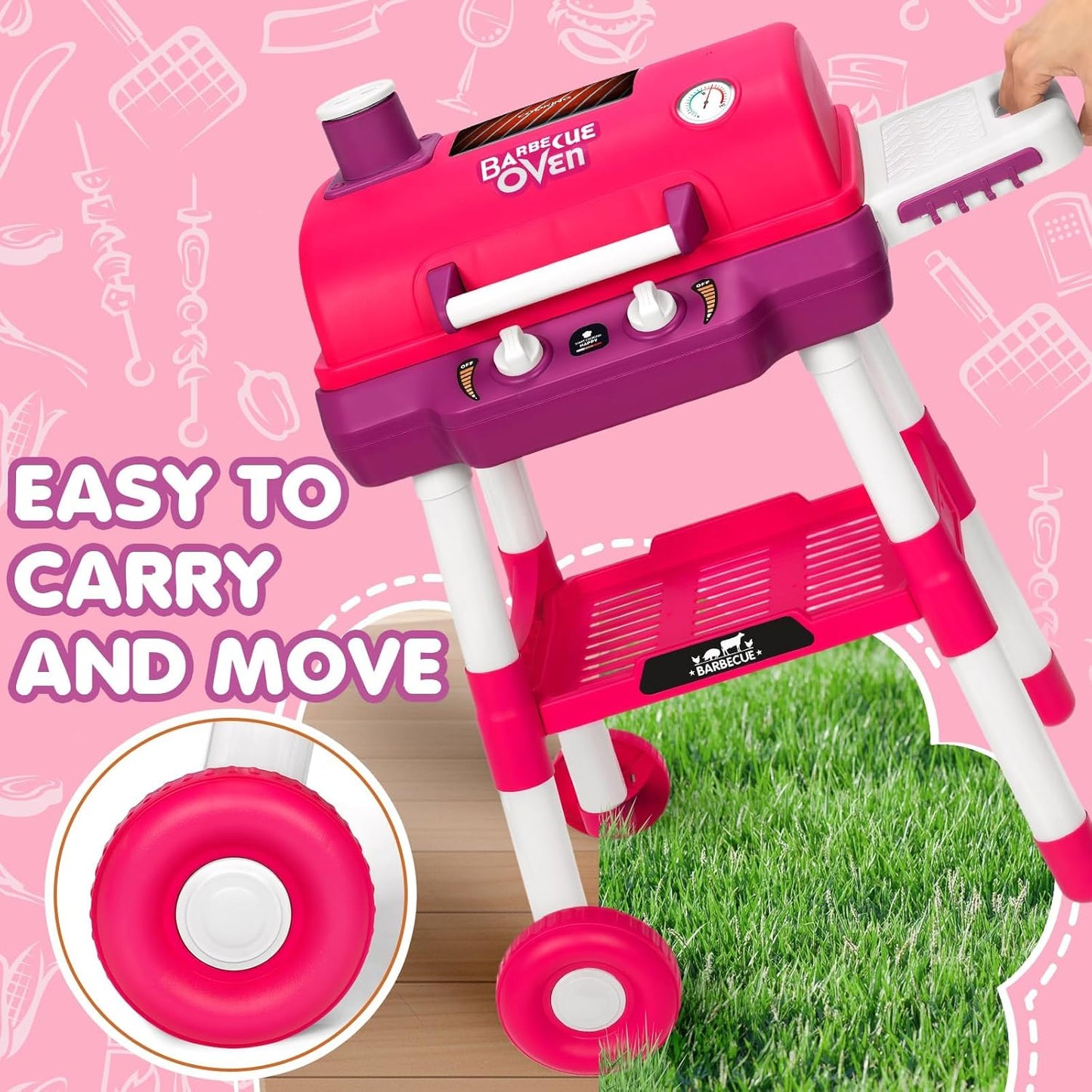 Kids Play Kitchen Toys, Kids BBQ Grill Playset with Smoke Sound Light, 2-Layer Barbecue Toy with Wheels, Outdoor Play Food Toys Cooking Set for Toddler 3-5, Birthday for Boy Girl (Pink)