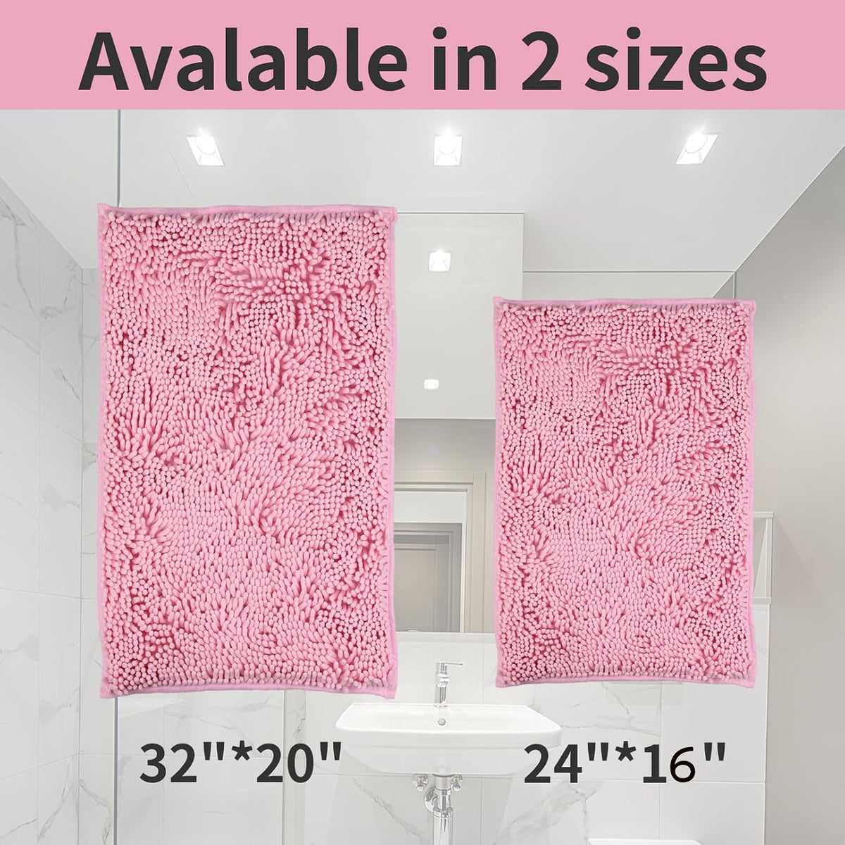 Pink 2 Pieces Bathroom Rugs, Ultra Soft Non Slip Absorbent Chenille Toilet Bath Mat Set Rugs for Slip-Resistant Shag Extra and Rug Shower Room Machine-Washable Fast (Pink, 20"x32"+16"x24")