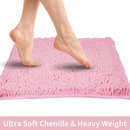 Pink 2 Pieces Bathroom Rugs, Ultra Soft Non Slip Absorbent Chenille Toilet Bath Mat Set Rugs for Slip-Resistant Shag Extra and Rug Shower Room Machine-Washable Fast (Pink, 20"x32"+16"x24")