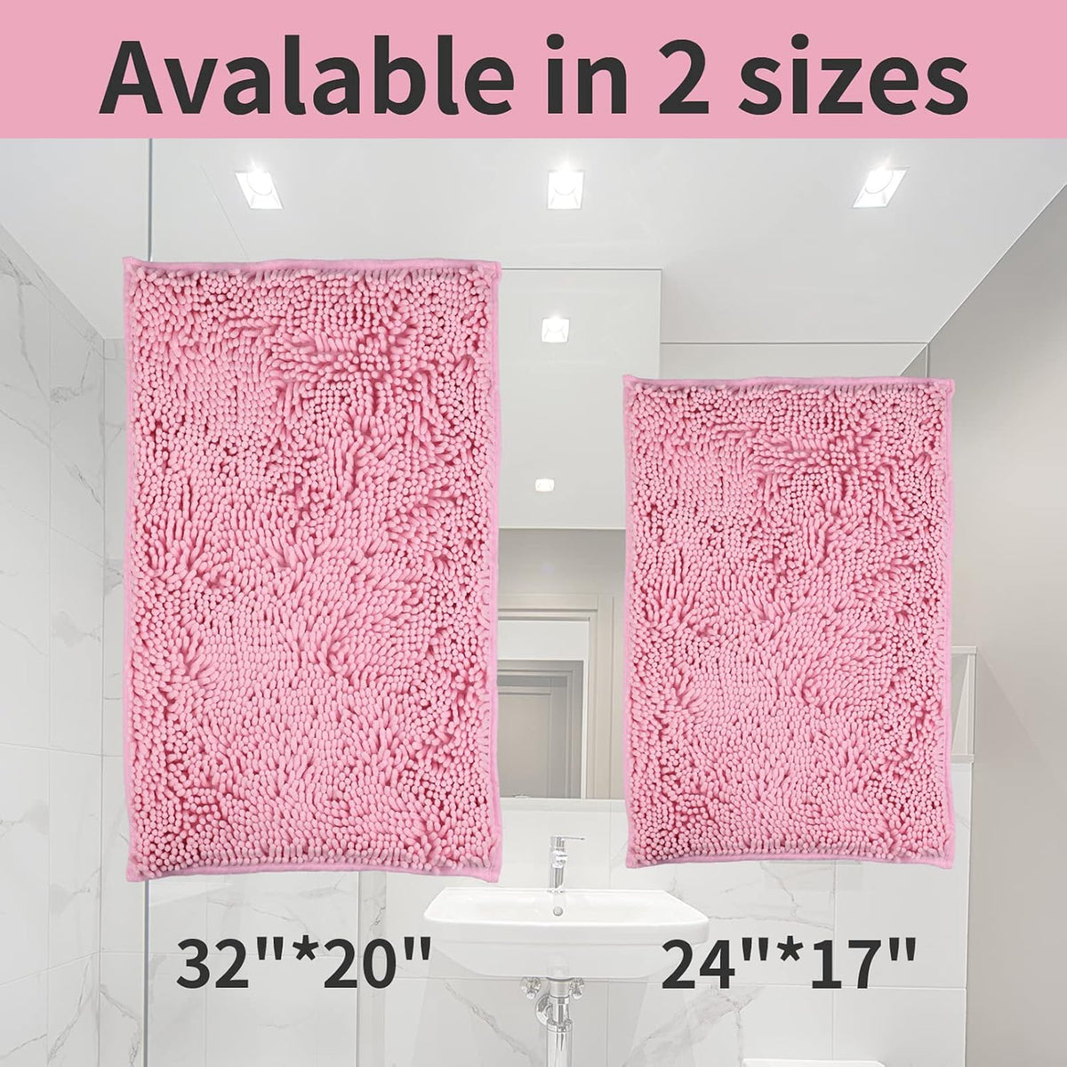 Pink 2 Pieces Bathroom Rugs, Ultra Soft Non Slip Absorbent Chenille Toilet Bath Mat Set Rugs for Slip-Resistant Shag Extra and Rug Shower Room Machine-Washable Fast (Pink, 20"x32"+16"x24")