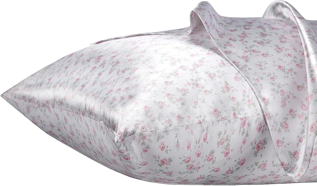 Silky Satin Pillowcase with Zipper Closure, Polyester Satin Pillow Cover for Hair, Smooth Floral Pattern with Pink Rose Floral, 20" x 26"