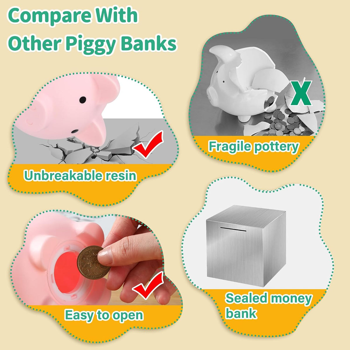 Piggy Bank for Kids, Plastic Coin Bank, Unbreakable Money Banks（Pink）