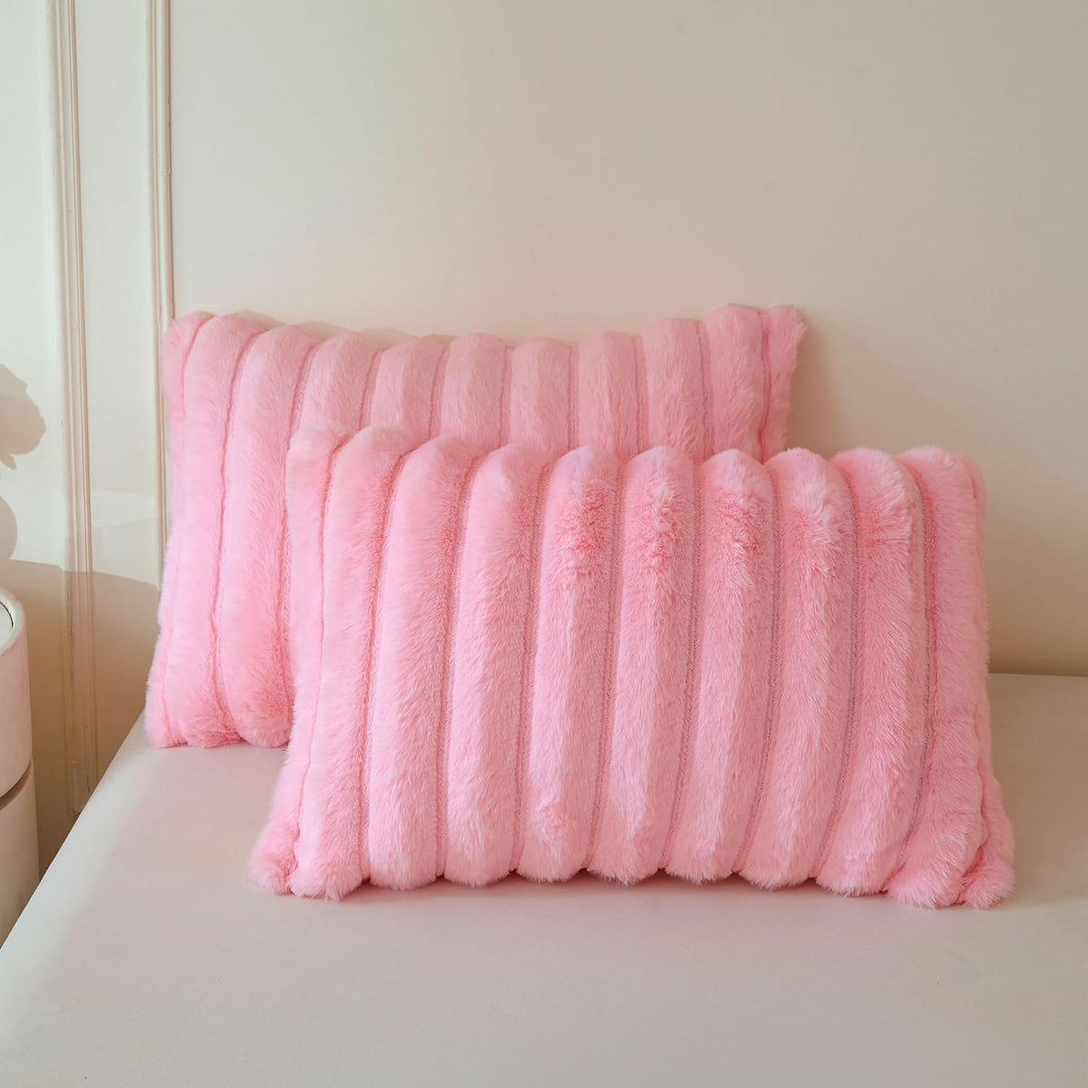 2 Pack Fluffy Faux Rabbit Fur Ribbed Standard Pillow Cases, Pink