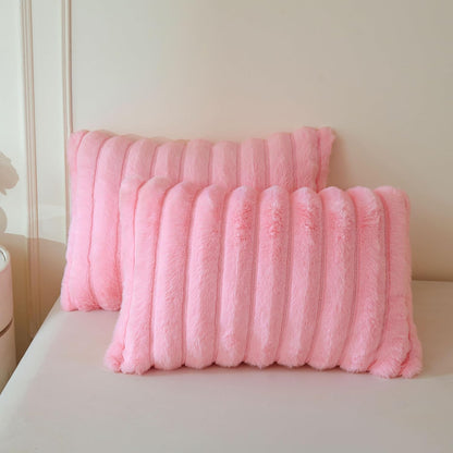 2 Pack Fluffy Faux Rabbit Fur Ribbed Standard Pillow Cases, Pink