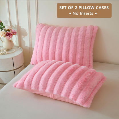 2 Pack Fluffy Faux Rabbit Fur Ribbed Standard Pillow Cases, Pink