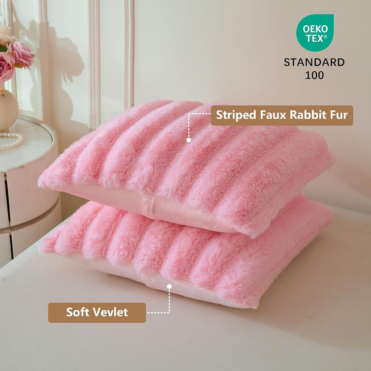 2 Pack Fluffy Faux Rabbit Fur Ribbed Standard Pillow Cases, Pink