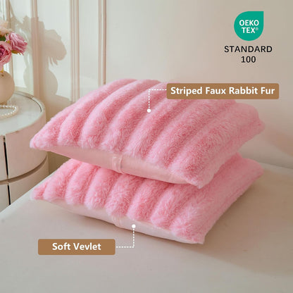 2 Pack Fluffy Faux Rabbit Fur Ribbed Standard Pillow Cases, Pink