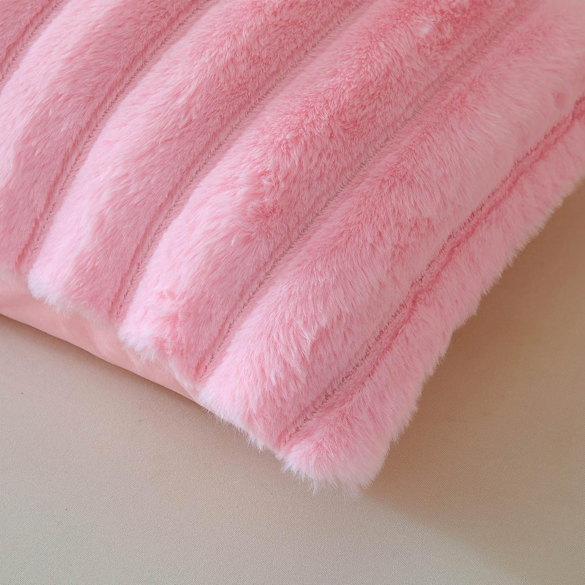 2 Pack Fluffy Faux Rabbit Fur Ribbed Standard Pillow Cases, Pink