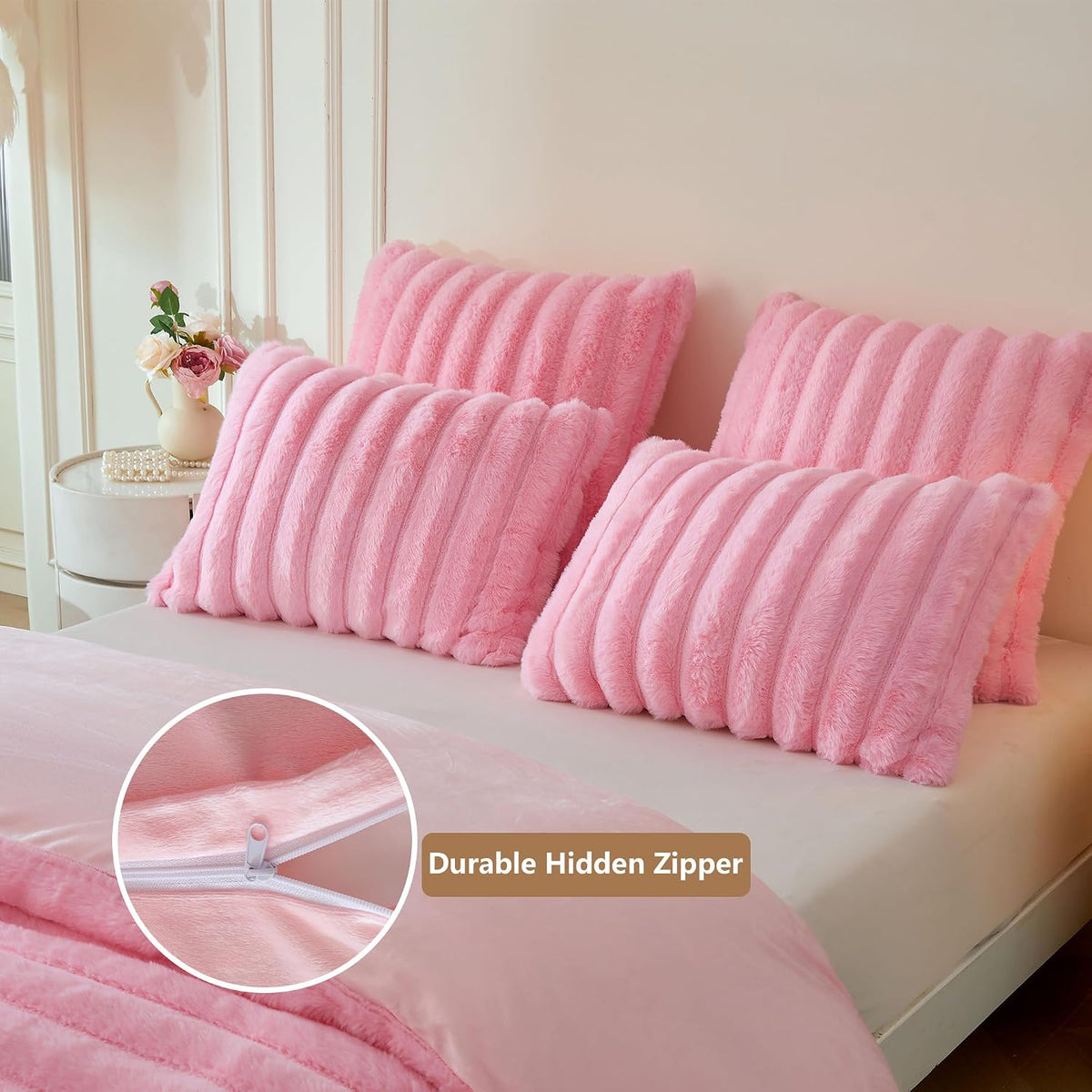 2 Pack Fluffy Faux Rabbit Fur Ribbed Standard Pillow Cases, Pink