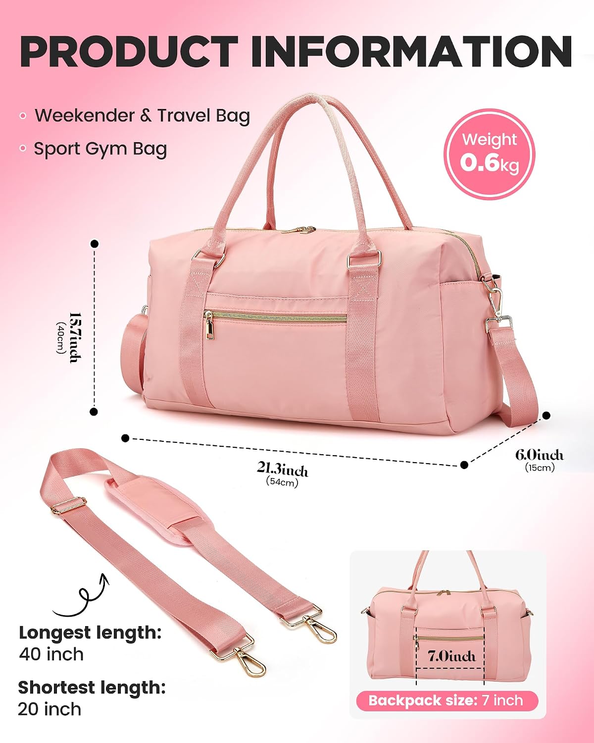 Weekender Bags for Women with Wet Pocket, 37L Waterproof Travel Duffel Bags with 7" Wide Trolley Sleeve, Carry On Bag for Travel, Gym Bag, Hospital Bag for Labor and Delivery, Coral Pink