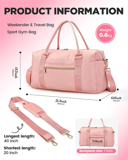 Weekender Bags for Women with Wet Pocket, 37L Waterproof Travel Duffel Bags with 7" Wide Trolley Sleeve, Carry On Bag for Travel, Gym Bag, Hospital Bag for Labor and Delivery, Coral Pink