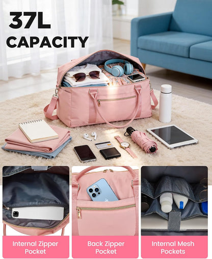 Weekender Bags for Women with Wet Pocket, 37L Waterproof Travel Duffel Bags with 7" Wide Trolley Sleeve, Carry On Bag for Travel, Gym Bag, Hospital Bag for Labor and Delivery, Coral Pink