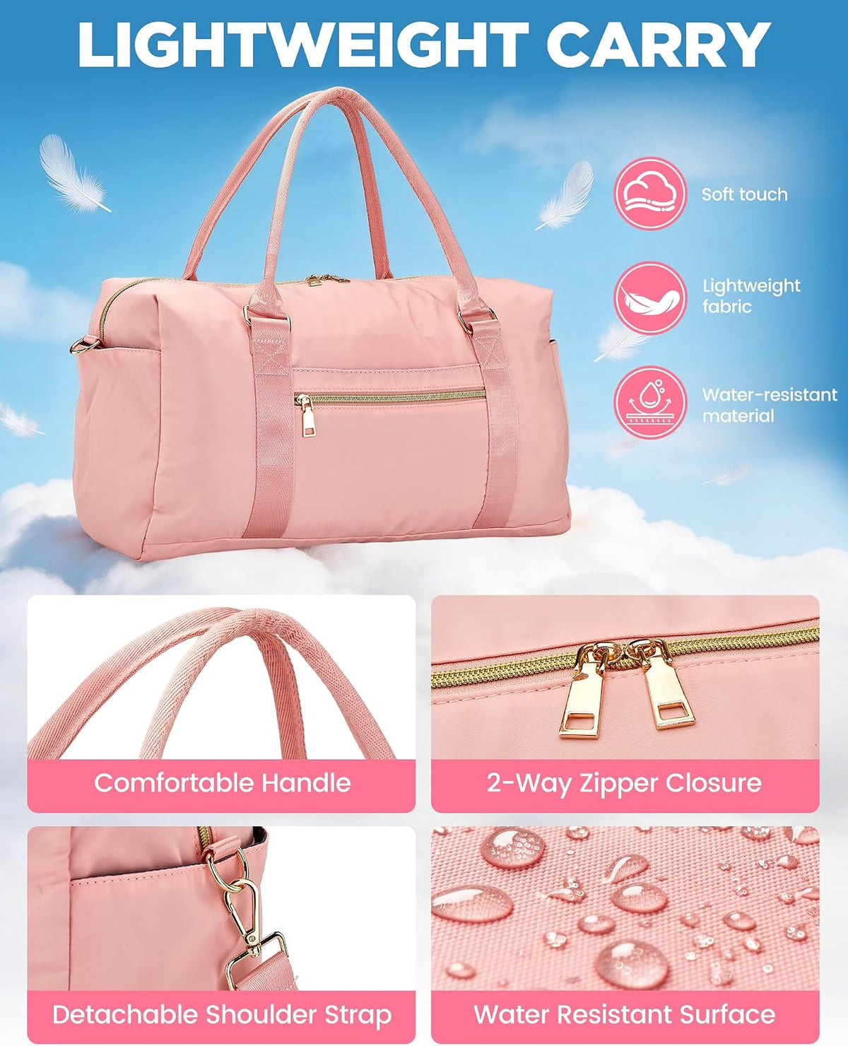Weekender Bags for Women with Wet Pocket, 37L Waterproof Travel Duffel Bags with 7" Wide Trolley Sleeve, Carry On Bag for Travel, Gym Bag, Hospital Bag for Labor and Delivery, Coral Pink