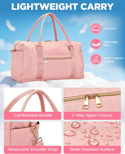 Weekender Bags for Women with Wet Pocket, 37L Waterproof Travel Duffel Bags with 7" Wide Trolley Sleeve, Carry On Bag for Travel, Gym Bag, Hospital Bag for Labor and Delivery, Coral Pink