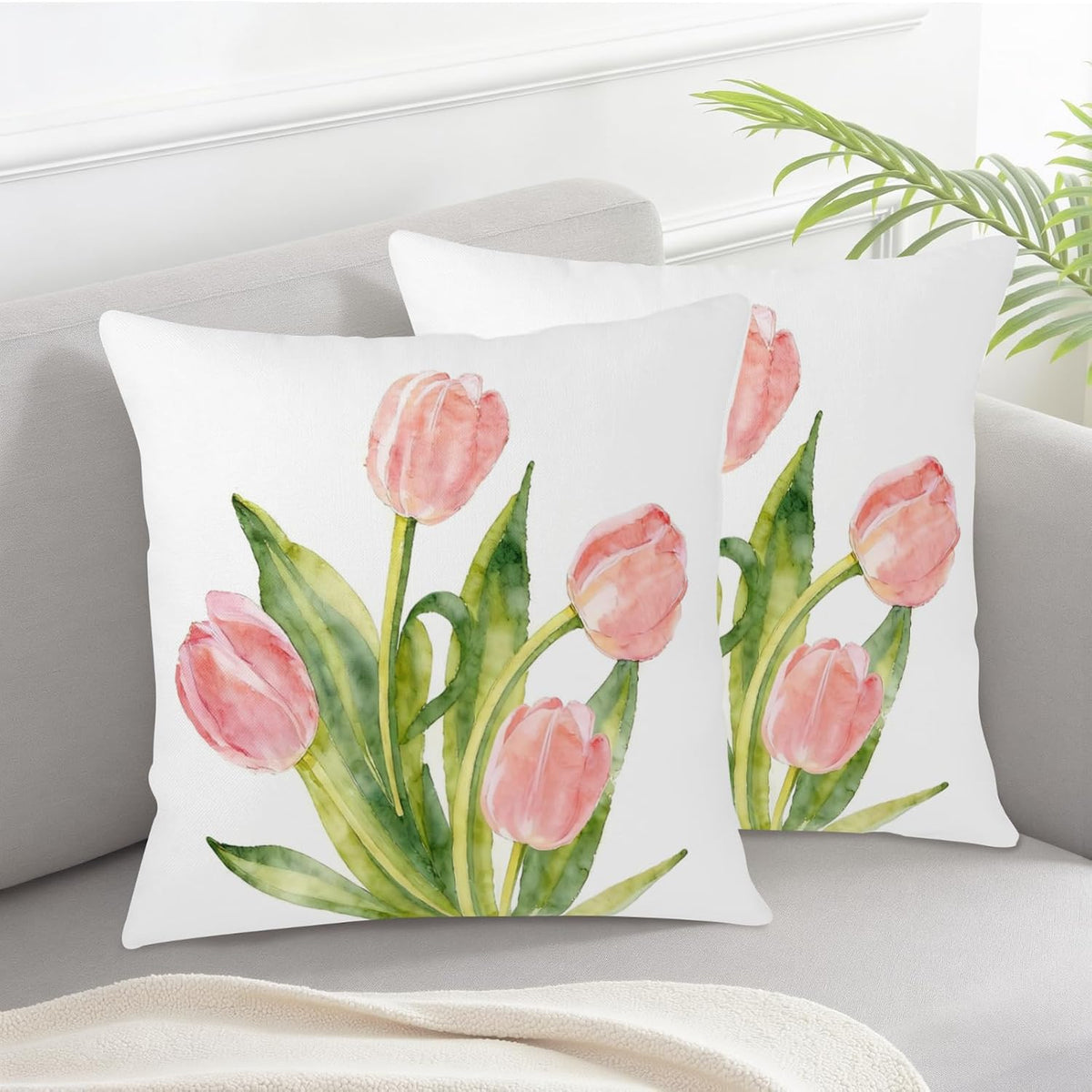 Spring Floral Pillow Covers 18x18 Set of 2 Pink Tulip Throw Pillow Covers Summer Flower Farmhouse Decorative Throw Pillows for Home Couch Sofa Bed Decor
