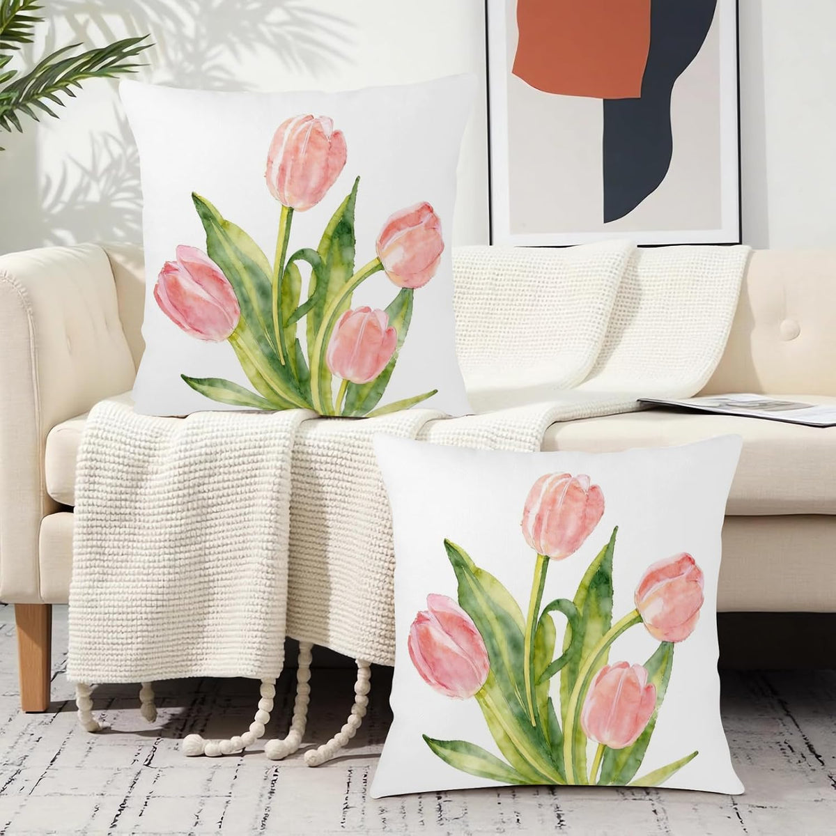 Spring Floral Pillow Covers 18x18 Set of 2 Pink Tulip Throw Pillow Covers Summer Flower Farmhouse Decorative Throw Pillows for Home Couch Sofa Bed Decor