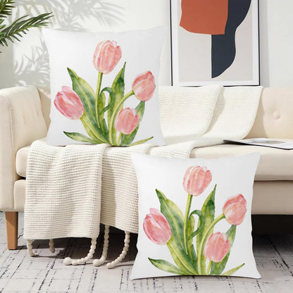 Spring Floral Pillow Covers 18x18 Set of 2 Pink Tulip Throw Pillow Covers Summer Flower Farmhouse Decorative Throw Pillows for Home Couch Sofa Bed Decor